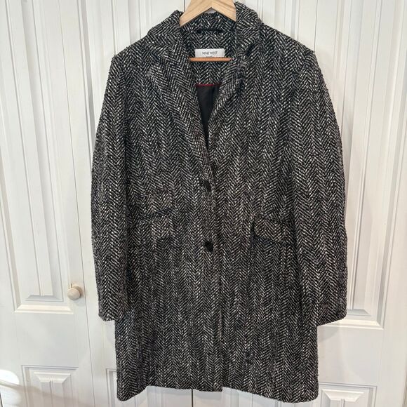 Nine West Black And White Wool Blend Coat Size Large - Picture 1 of 8